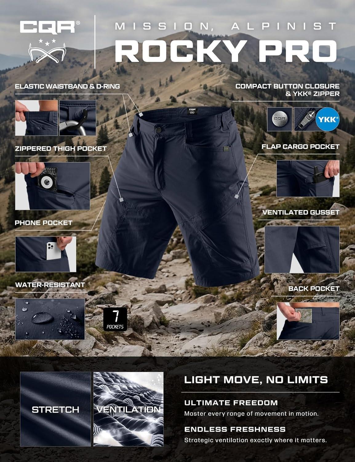 image:imageCQR Mens Quick Dry Stretch Hiking Cargo Shorts Lightweight Water Resistant Tactical Casual Golf amp Outdoor with PocketsRocky Aero Flex Pristine Navy