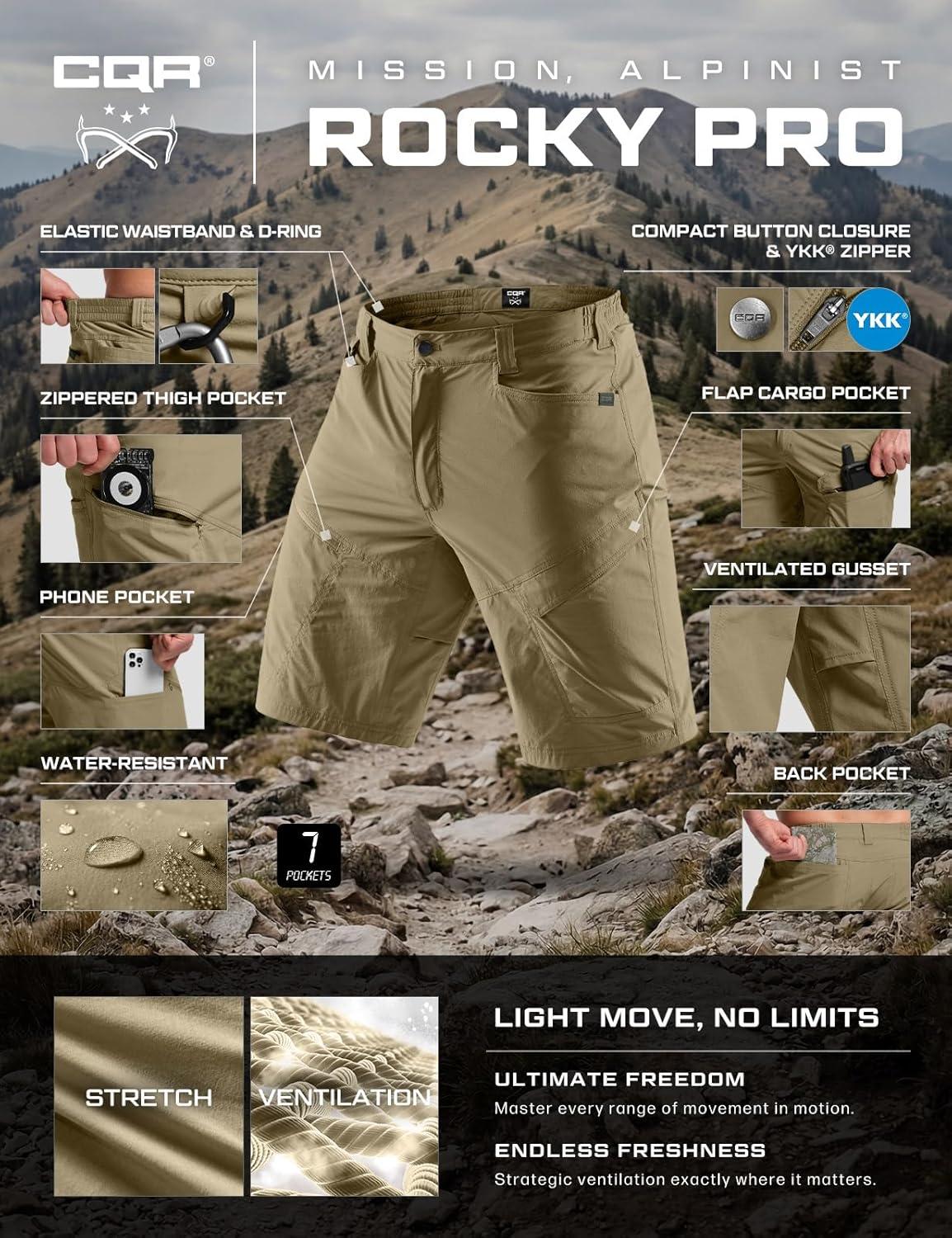 image:imageCQR Mens Quick Dry Stretch Hiking Cargo Shorts Lightweight Water Resistant Tactical Casual Golf amp Outdoor with PocketsRocky Aero Flex Tan