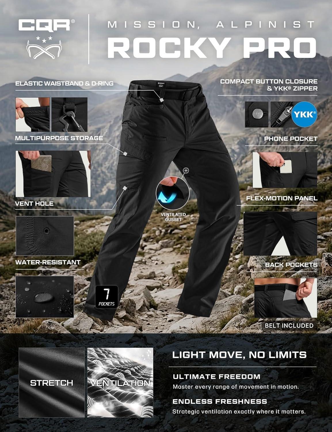 image:imageCQR Mens Quick Dry Tactical Pants Water Resistant Outdoor Pants Lightweight Stretch Cargo Work Hiking PantsRocky WBelt Black