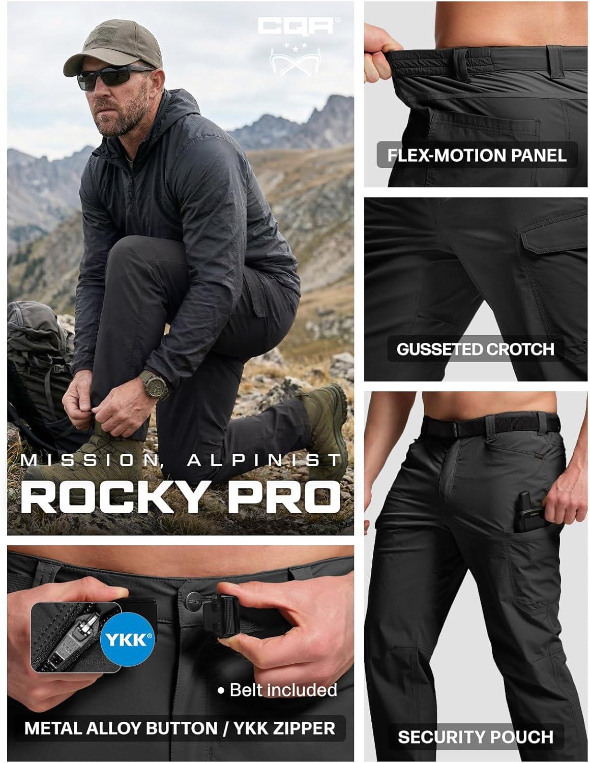 image:imageCQR Mens Quick Dry Tactical Pants Water Resistant Outdoor Pants Lightweight Stretch Cargo Work Hiking PantsRocky WBelt Black